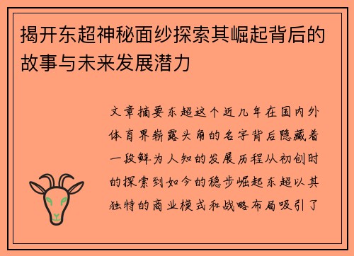 揭开东超神秘面纱探索其崛起背后的故事与未来发展潜力